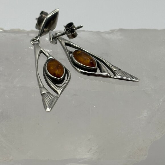 handcrafted Jewelry - Vintage Handcrafted 925 Silver Dangle Earrings with Amber Stone